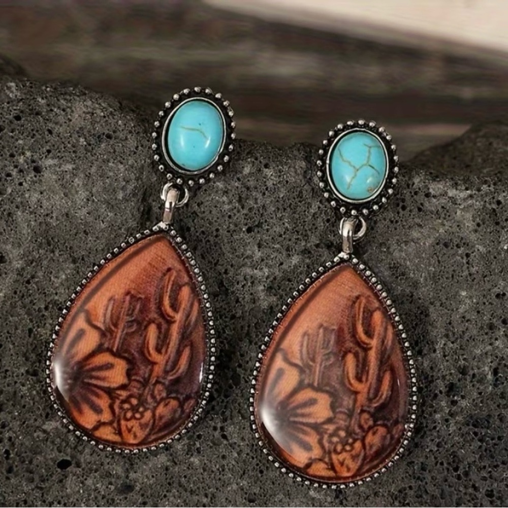 Turquoise‎ and Brown Western Cactus Earrings